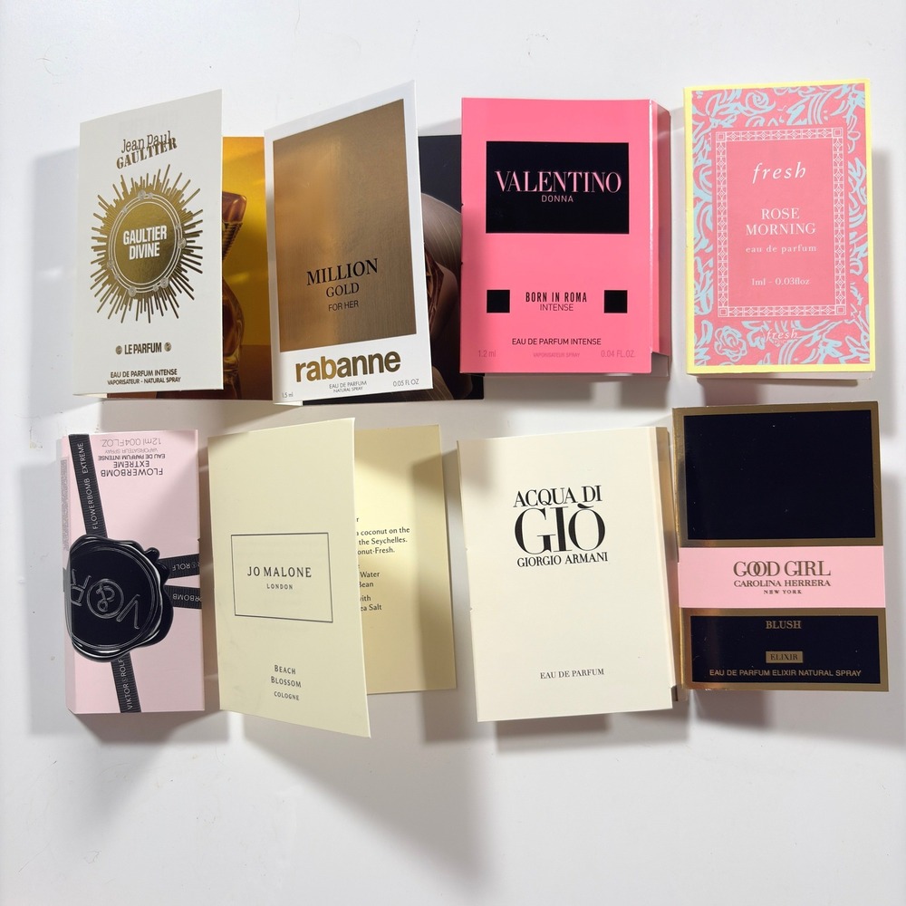 Lot of 8 Luxury Fragrance Sample Valentino Jo Malone Flowerbomb Armani Good Girl